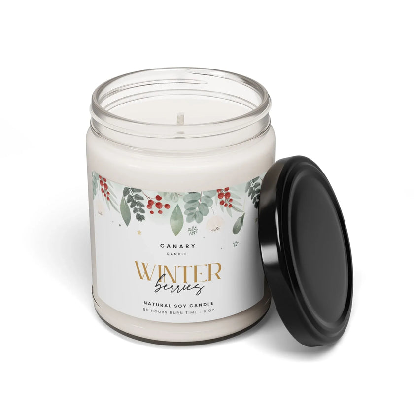 Winter berries scented candle in a reusable glass jar with a glossy label, perfect for holiday aromatherapy.