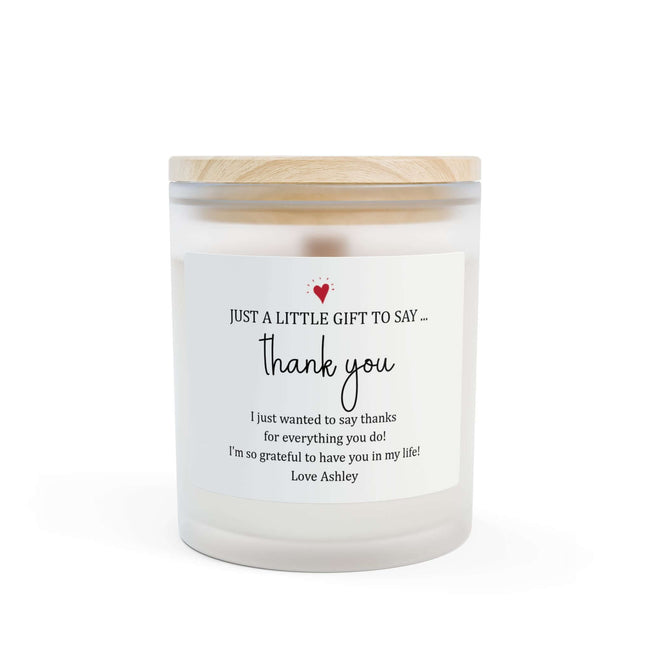 Thank You Candle — Frosted Glass 11oz Gift Candle in a frosted jar with a raw maple lid and heartfelt message.