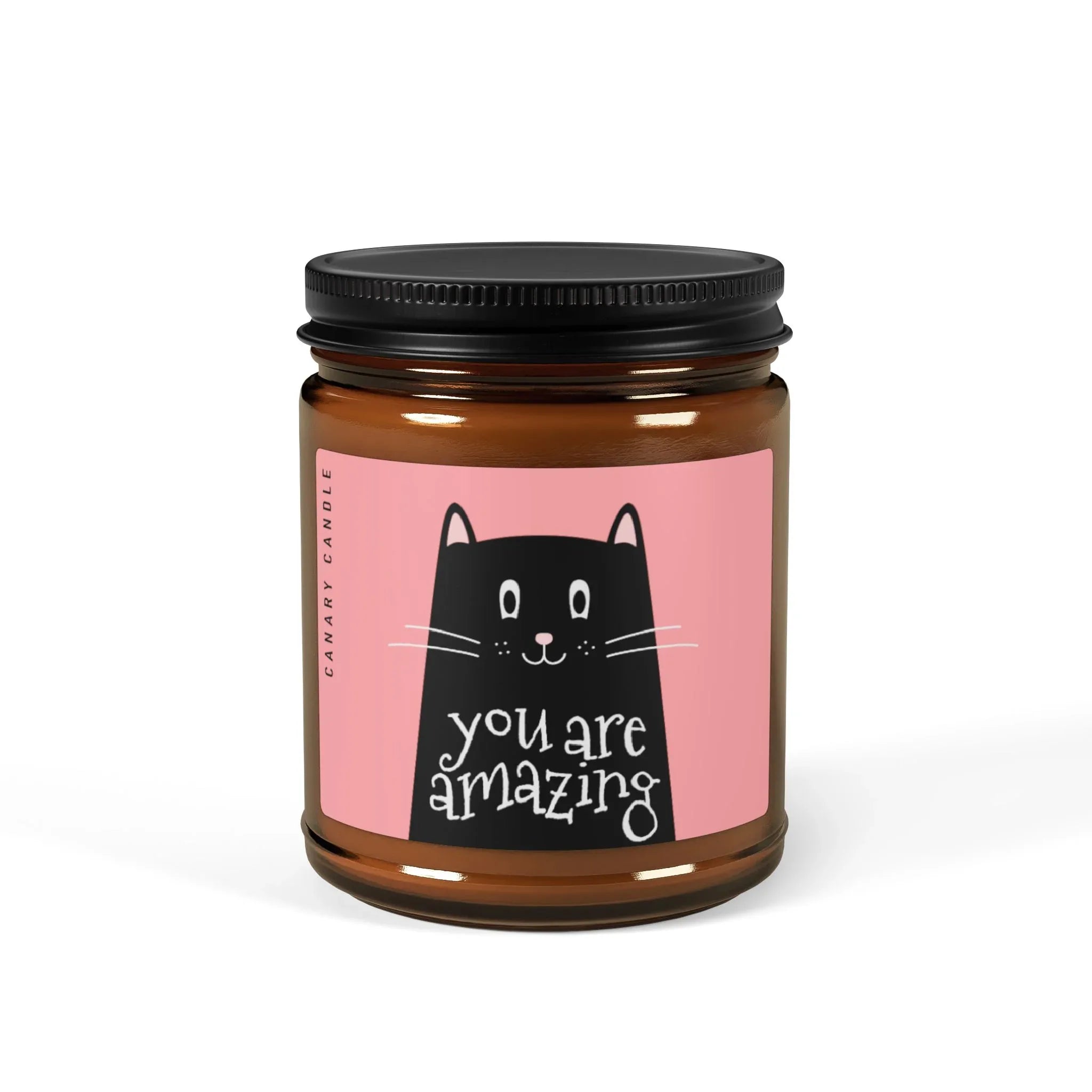 Amazing Soy Candle in amber glass with playful cat design, perfect funny gift for cat lovers.