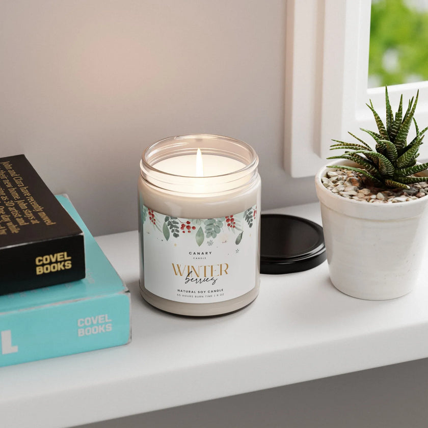 Winter berries scented candle in a glass jar on a shelf next to books and a small succulent plant.