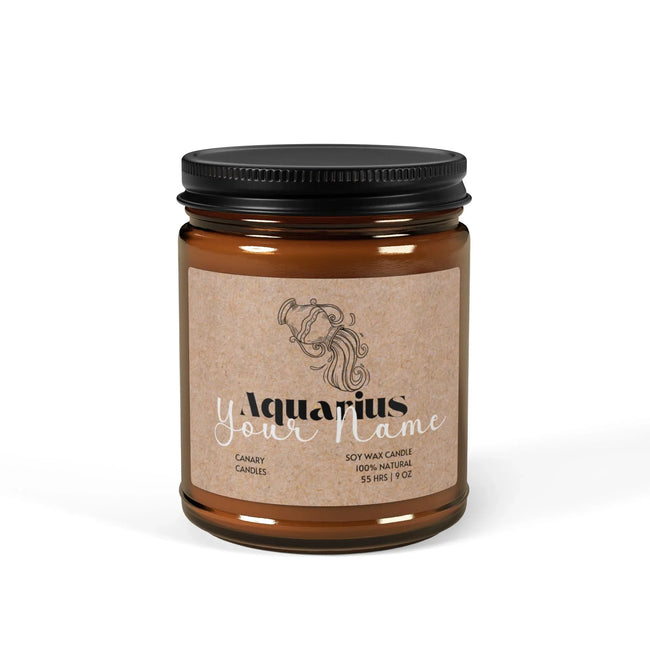 Aquarius Zodiac Soy Candle — Amber Jar Scented Candle (Customizable Label) - Canary Candle