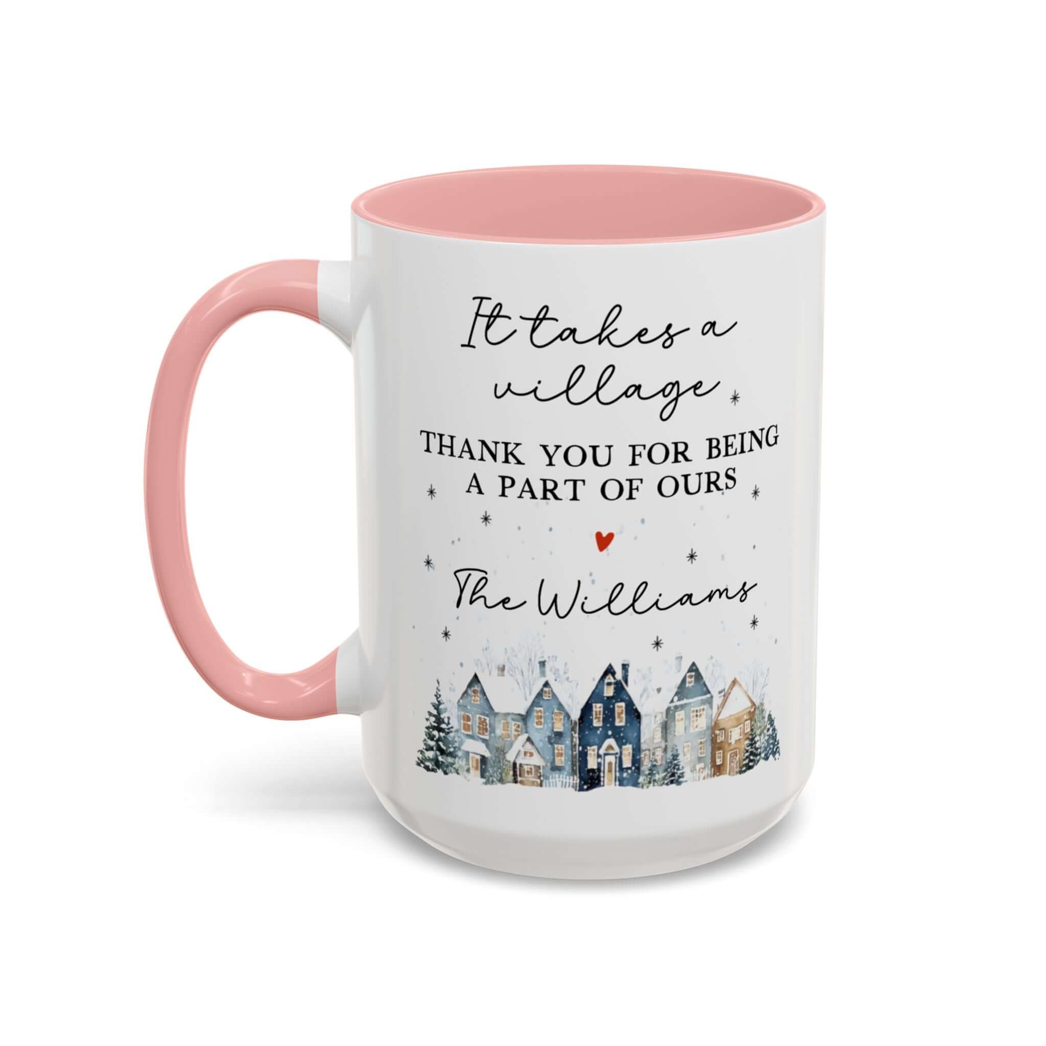Personalized Thank You mug featuring winter village design and heartfelt message for family.