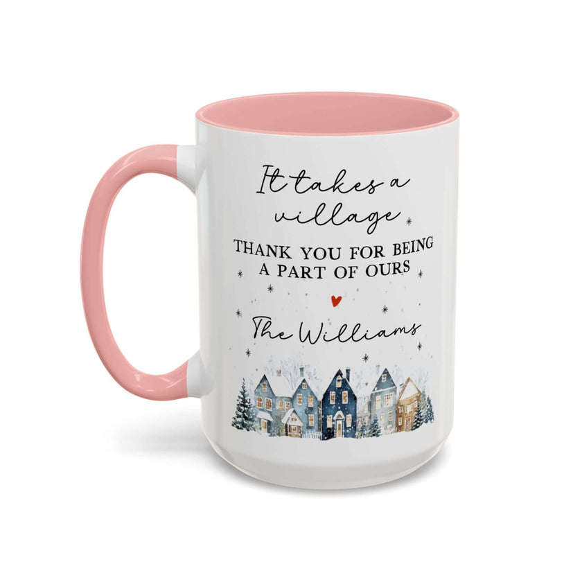 Personalized Thank You mug featuring winter village design and heartfelt message for family.
