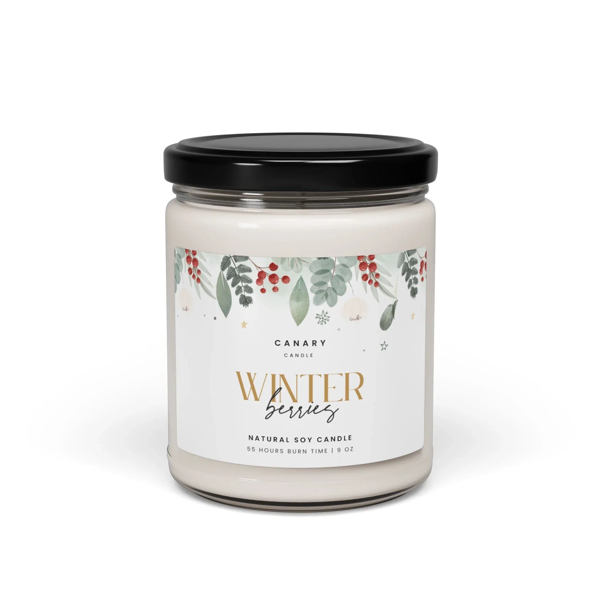Winter berries scented candle in a reusable glass jar with a glossy label, 9 oz size.