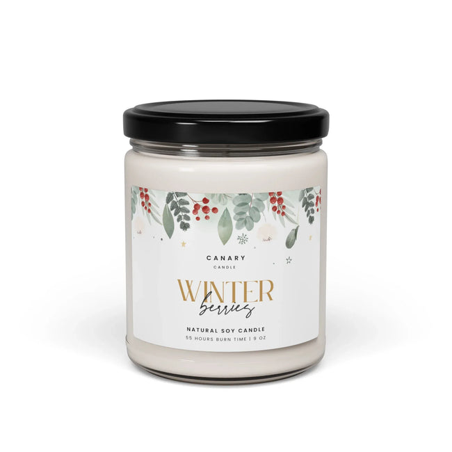 Winter berries scented candle in a reusable glass jar with a glossy label, 9 oz size.