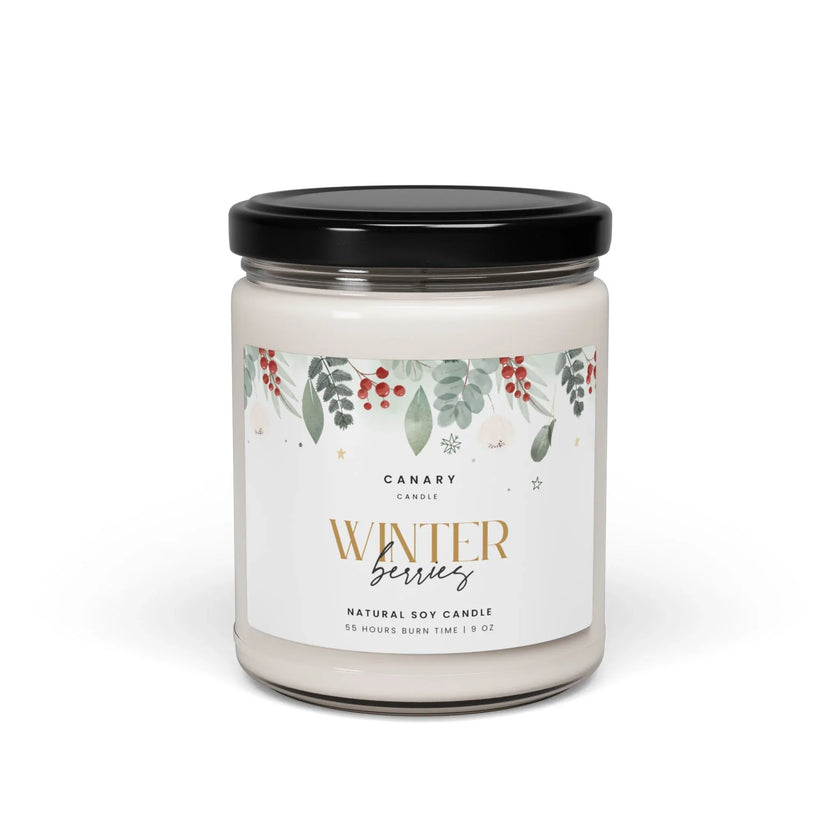 Winter berries scented candle in a reusable glass jar with a glossy label, 9 oz size.