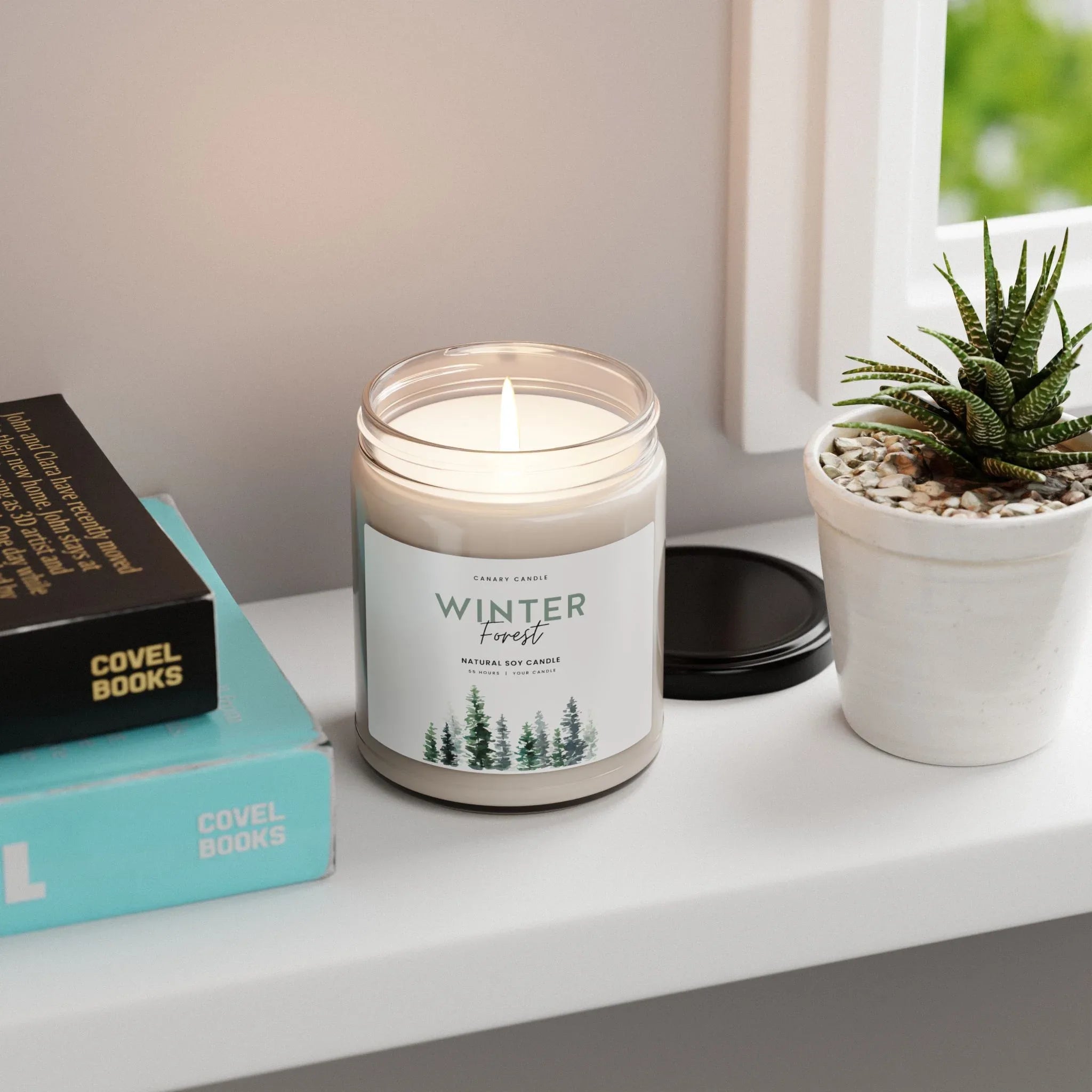Winter Candle - Forest Scented Soy in a glass jar on a shelf with plants and books.