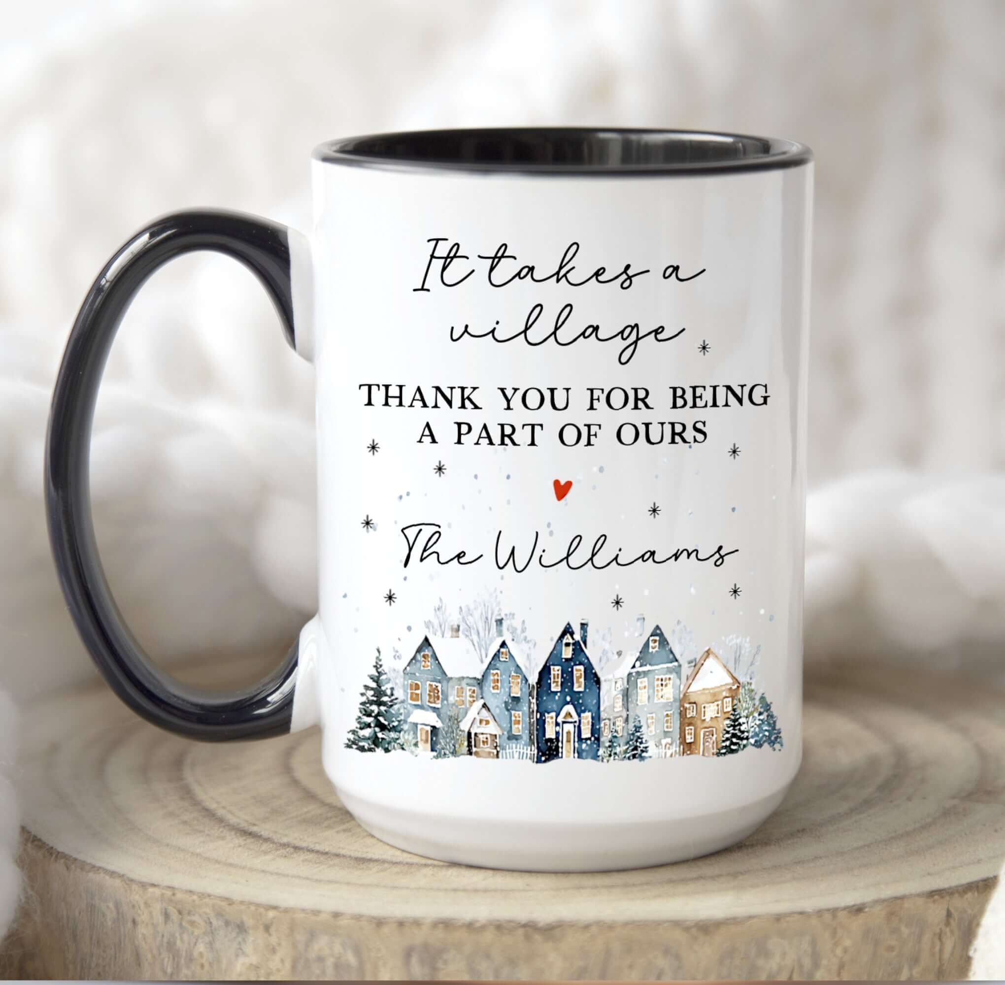 Personalized Thank You mug featuring watercolor village design and heartfelt message for family.