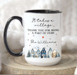 Personalized Thank You mug featuring watercolor village design and heartfelt message for family.