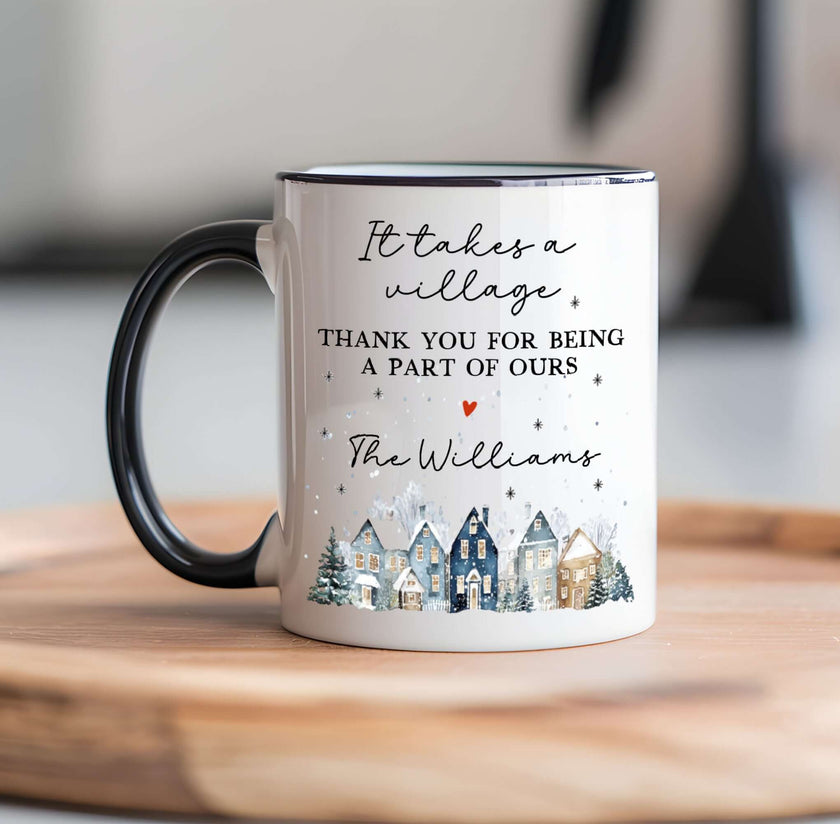 Personalized Thank You mug with winter village design and handwritten message for the Williams family.