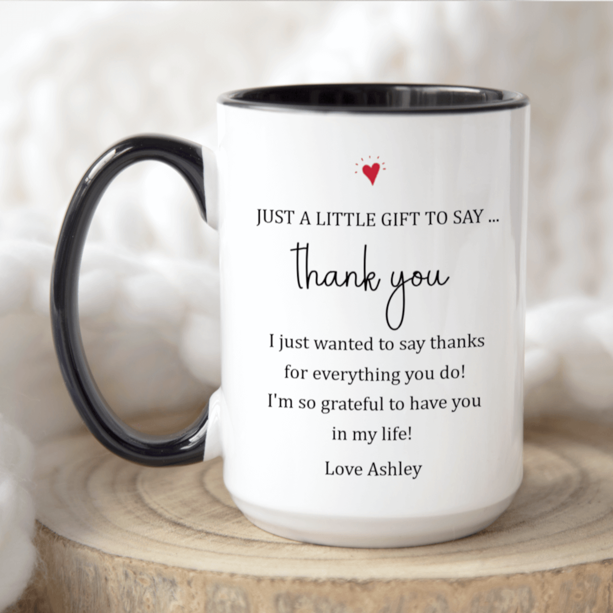Personalized Thank You Mug with heartfelt gratitude message in elegant font on a ceramic coffee cup.