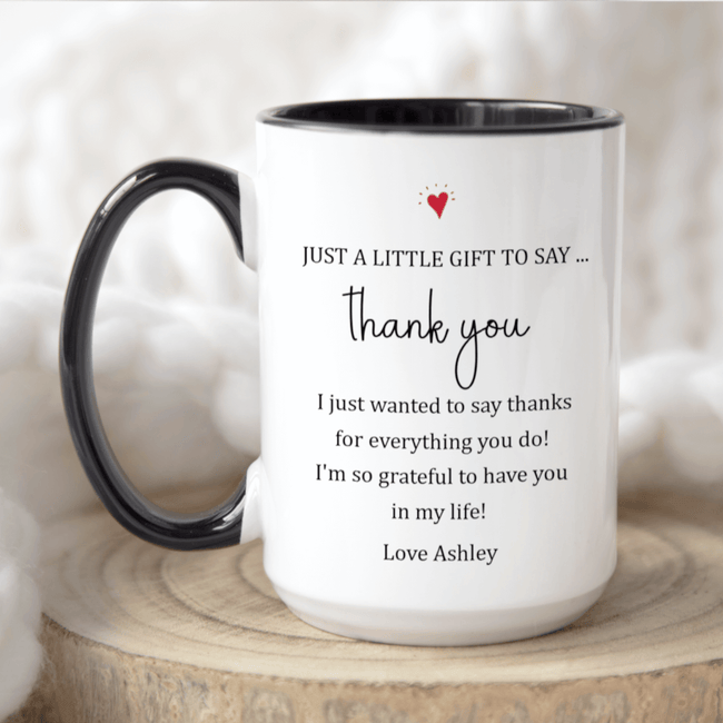 Personalized Thank You Mug with heartfelt gratitude message in elegant font on a ceramic coffee cup.