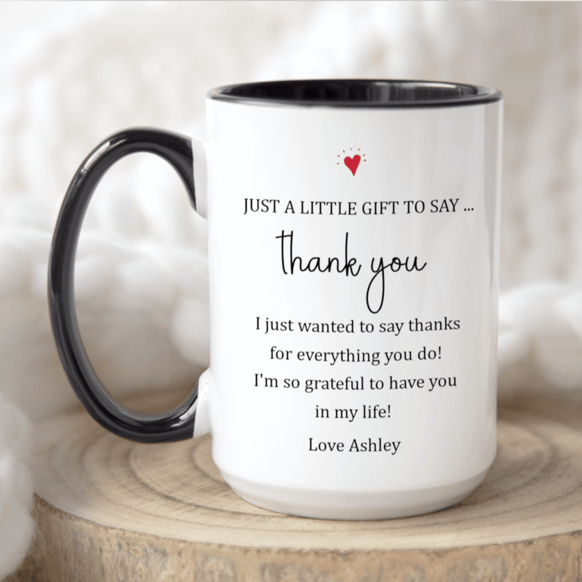 Personalized Thank You Mug with heartfelt gratitude message in elegant font on a ceramic coffee cup.