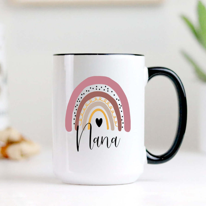 Nana mug featuring a colorful rainbow design, high-quality ceramic with a two-tone rim and dishwasher safe.