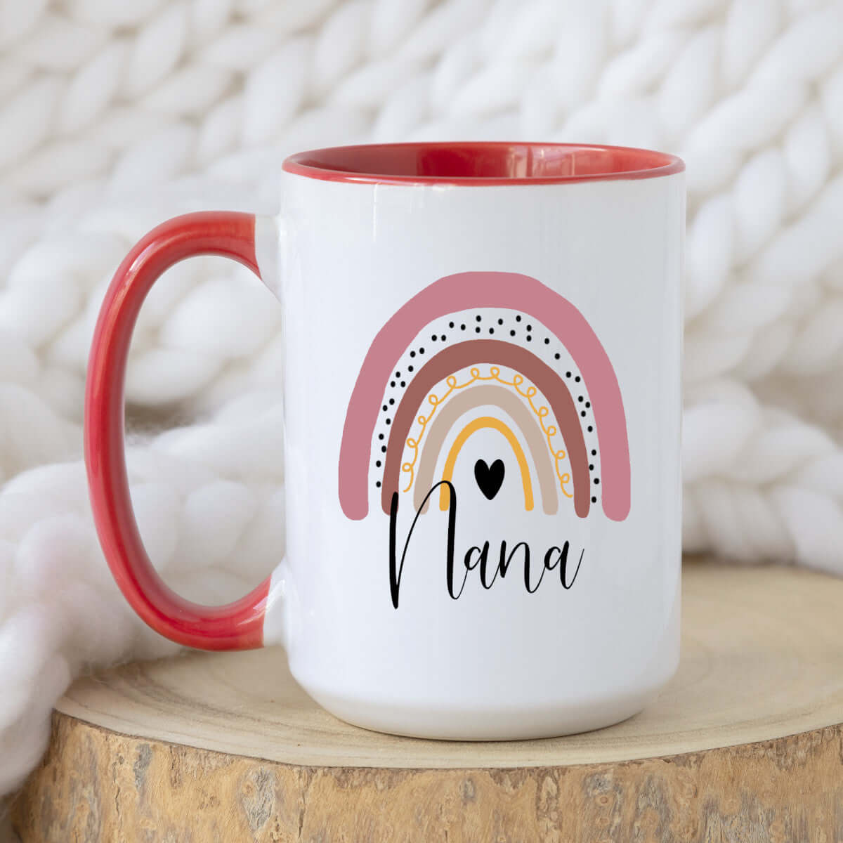 Nana mug - 15oz ceramic accent mug with rainbow design and red handle, dishwasher and microwave safe.