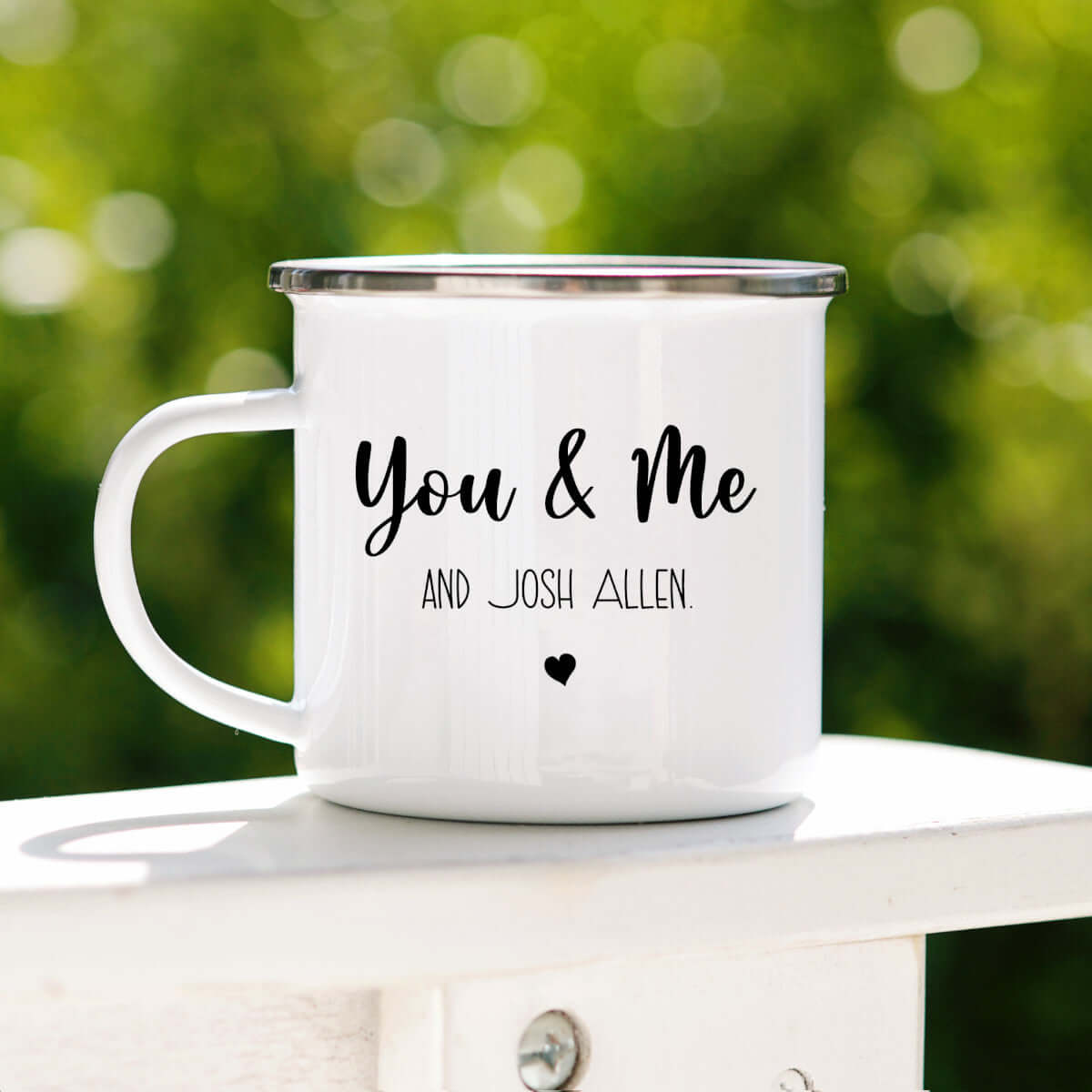 You & Me and Josh Allen camping mug on a sunny day, perfect for outdoor adventures and Buffalo Bills fans.