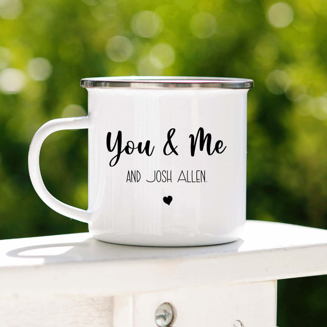 You & Me and Josh Allen camping mug on a sunny day, perfect for outdoor adventures and Buffalo Bills fans.