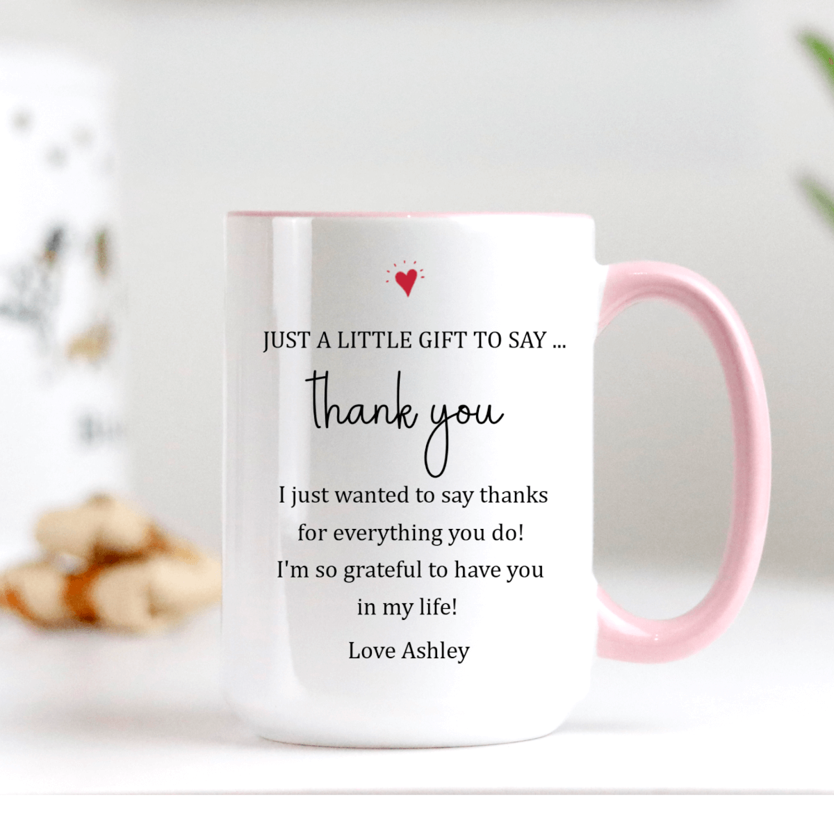 Personalized Thank You Mug featuring a heartfelt message and a pink accent handle, perfect for expressing gratitude.