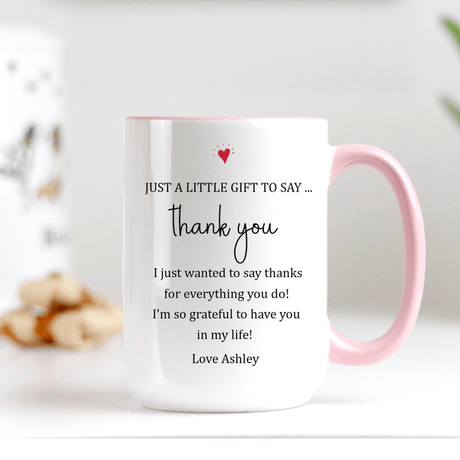 Personalized Thank You Mug featuring a heartfelt message and a pink accent handle, perfect for expressing gratitude.