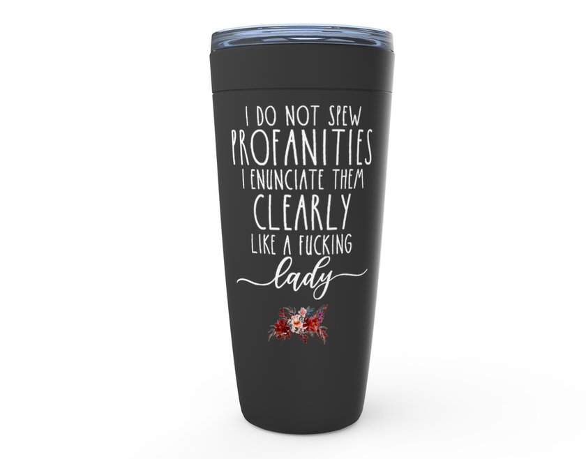 Funny Girl Trip Tumbler featuring humorous text about profanity on a stainless steel vessel.