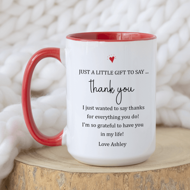 Personalized Thank You Mug - 15oz accent coffee cup with heartfelt message for appreciation and gratitude.