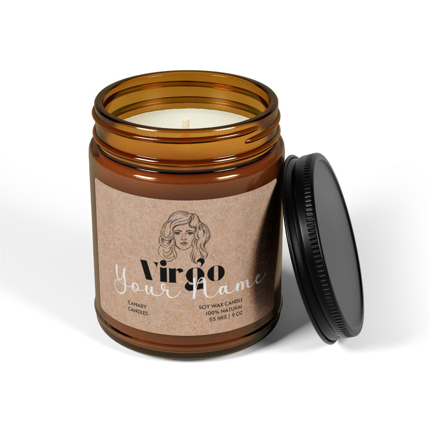 Zodiac Soy Candle - Virgo in amber jar, personalized name option for a warm ambiance.