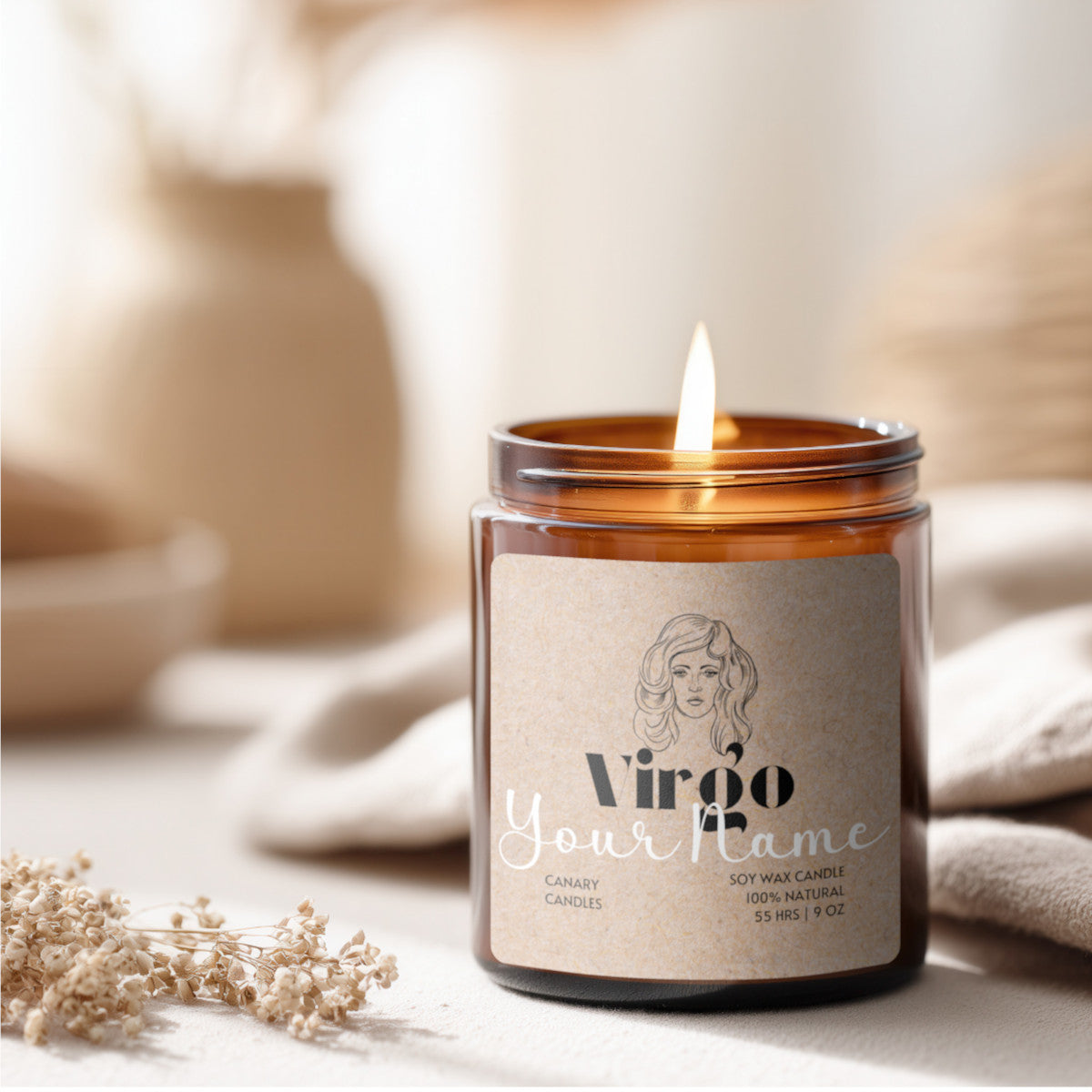 Zodiac Soy Candle - Virgo in amber jar with customizable name option for personalized touch.